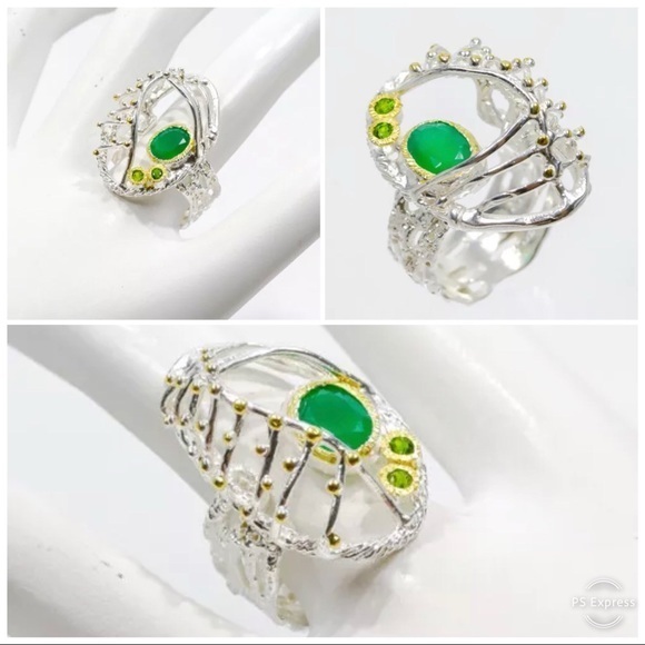 Unique caged green onyx sterling silver ring 8 - Picture 1 of 5